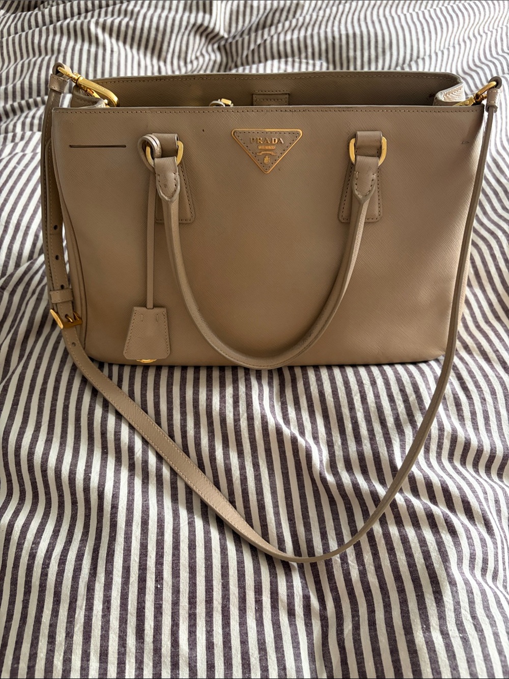 Prada Saffiano Leather Satchel in Taupe with Gold Hardware